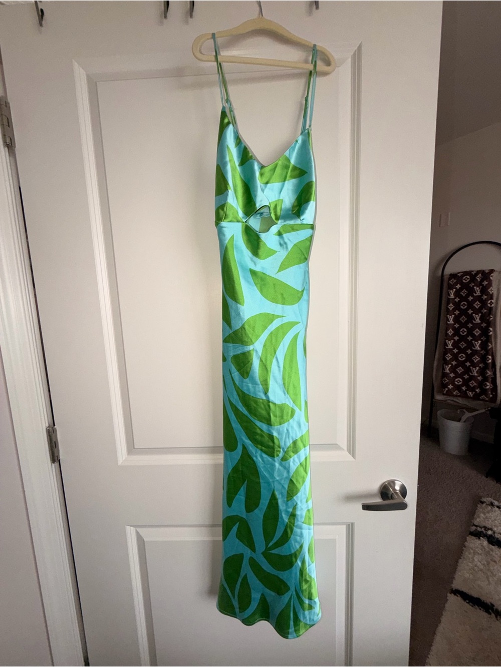 House of Harlow 1960 Aqua Slip Maxi with Green Leaf Print